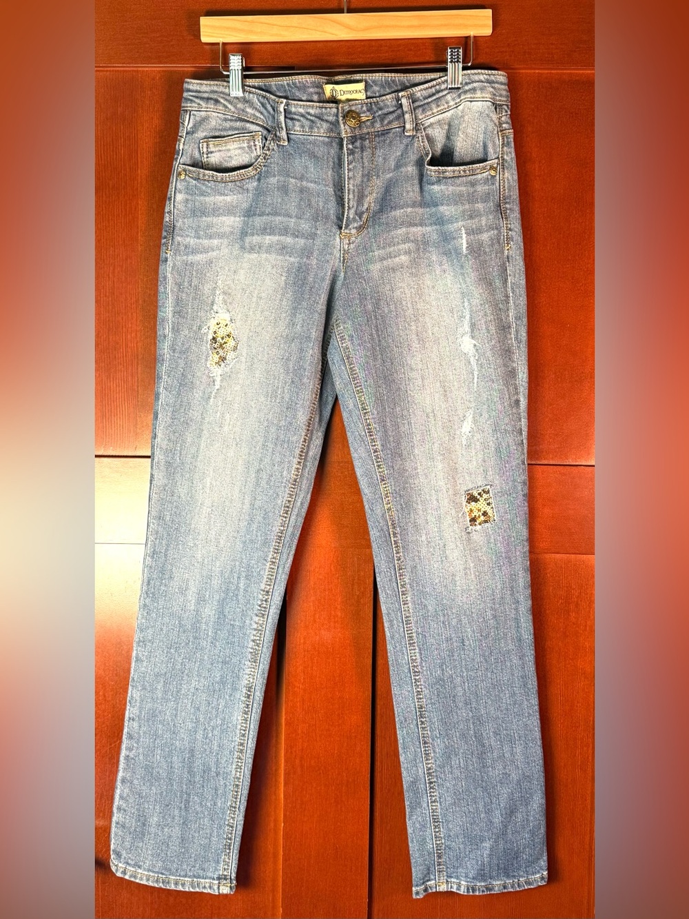 Democracy Flex-ellent Jeans Size 8 Distressed Multi Metallic Sequin Straight Leg